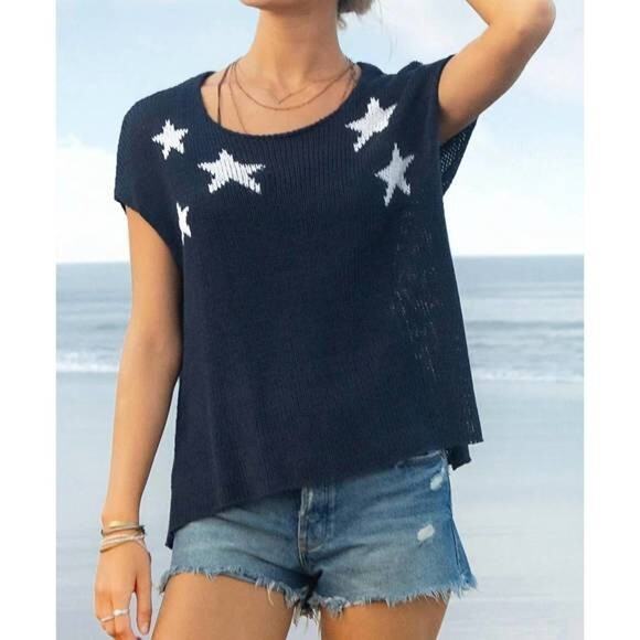 NWT WOODEN SHIPS Star Cotton Tee Sweater Knit Blue Darkest Indigo White M L - Picture 10 of 10